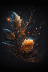 Harvest concept, dark magic vignette with berries, fruits and golden leaves, AI generated