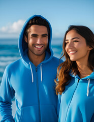 portrait of a couple in blue hoodie t-shirt mock-up