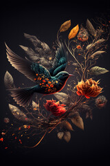 Dark magic vignette with flying berries, fruits and golden leaves, AI generated, harvest concept