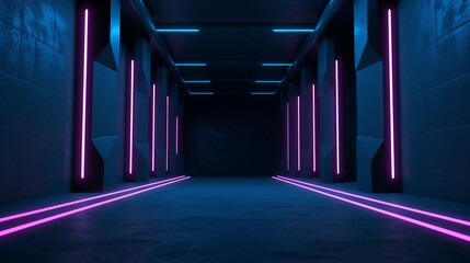 Cyber Futuristic Modern Retro Alien Dance Club Glowing Purple Pink Blue Lights In Dark Empty Grunge Concrete Reflective Room Corridor Background ai generative