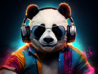 Music dj panda with sunglasses and headphones - Colorful neon background - Generative AI