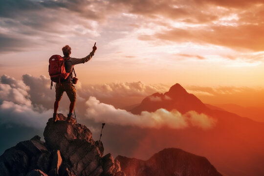 Successful hiker hiking a mountain pointing to the sunset. AI generative