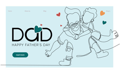 Hugs of a father with a child. One continuous line drawing banner, background, poster with family embrace. Happy Father Day simple vector illustration of child and father. Vector illustration