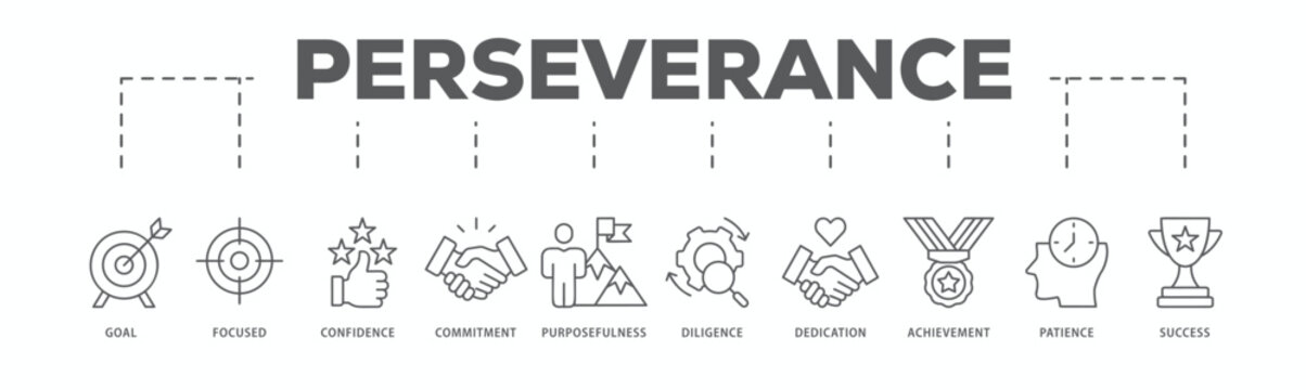Perseverance banner web icon vector illustration concept with icon of goal, focused, confidence, commitment, purposefulness, diligence, dedication, achievement, patience and success
