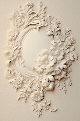 With copy space Old chipped paint background, light cream and gold ornate scrollwork. AI generative