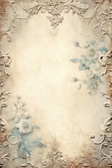 With copy space Old chipped paint background, light cream and gold ornate scrollwork. AI generative