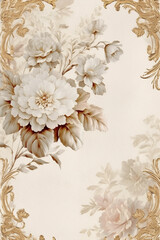With copy space Old chipped paint background, light cream and gold ornate scrollwork. AI generative