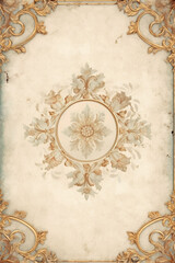 Fototapeta na wymiar With copy space Old chipped paint background, light cream and gold ornate scrollwork. AI generative