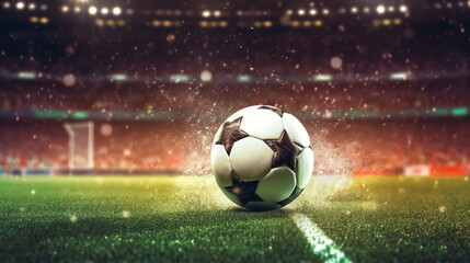 Naklejka premium Soccer ball on stadium, football arena banner background in neon light ai generative 