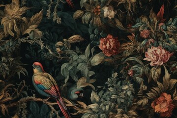 Tiles wallpaper with birds in a forest. AI generated, human enhanced