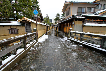 A historic street with samurai residences in Kanazawa, Japan in winter