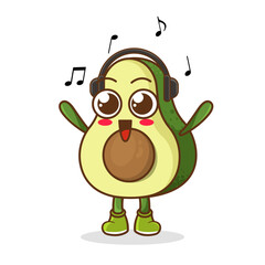 Cute cartoon avocado character listening to music and enjoy. Vector character illustration icon isolated on white. avocado Fruit cartoon mascot character Listening music on a headset