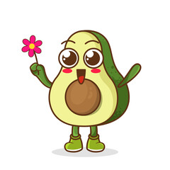 Cute cartoon avocado fruit character holding flower