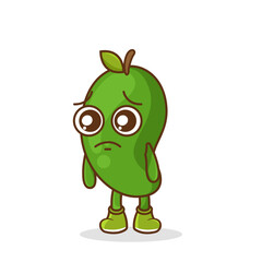 Cute sad green mango fruit character, green mango character with sad emotion, face, depressive eyes