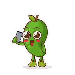 green mango fruit cartoon character holding a smartphone