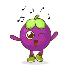 mangosteen Fruit cartoon mascot character Listening music. Cute mangosteen cartoon character dances to music