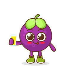 mangosteen Fruit Cartoon Mascot Character Presenting And Holding Up A Glass Of Juice. Cute mangosteen cartoon character holding a glass with juice.