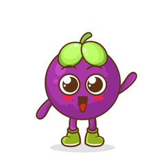 A happy mangosteen waving its hands. Cute funny mangosteen fruit waving hand character