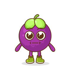 a picture of mangosteen fruit with a flat expression. No words straight face mangosteen fruit emoji. Vector flat design emoticon icon isolated on white background.