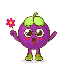 Cute cartoon mangosteen fruit character holding flower