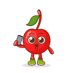 cherry fruit cartoon character holding a smartphone