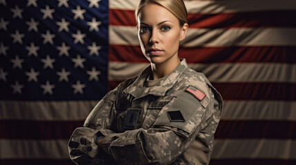 An American woman soldier in uniform, with the American flag in the background, generative ai