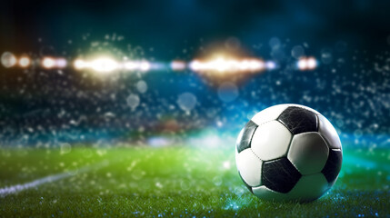 Fototapeta premium Soccer ball on stadium, football arena banner background in neon light ai generative 