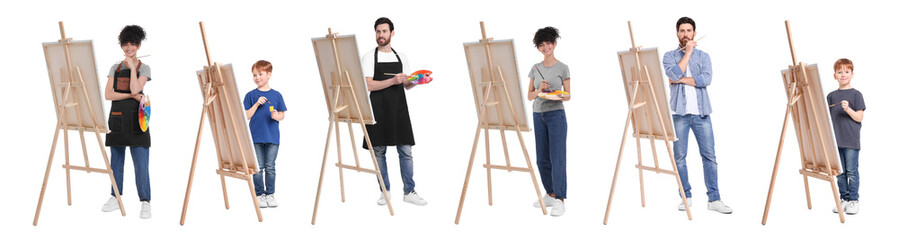 Collage with photos of painters near easels on white background