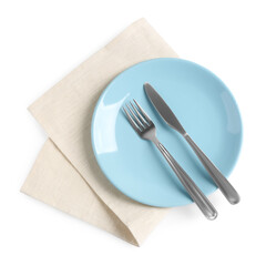 Plate, fork and knife on white background, top view