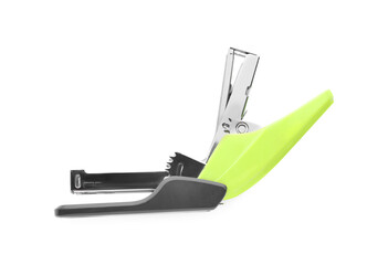 Bright green stapler isolated on white, top view