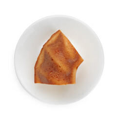 Piece of delicious homemade yogurt cake on white background, top view