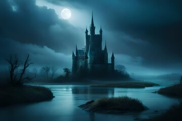 a cursed castle in a remote, foggy marshland. The castle is surrounded by murky water, and dead trees with twisted branches loom overhead. The castle's towers are adorned with ominous gargoyles, and a