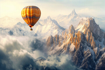 Air balloon over clouds and mountains. Generative AI.
