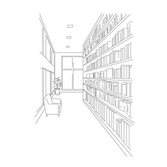 ラフな雰囲気の図書館の風景の線画