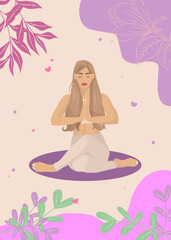 Naklejka na ściany i meble Beautiful background with a young girl in Gomukhasana pose. Romantic vector design with lady, leaves, flowers and abstract shapes for poster or greeting card.