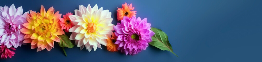 Fototapeta premium Colorful flowers against a blue background. Generative AI