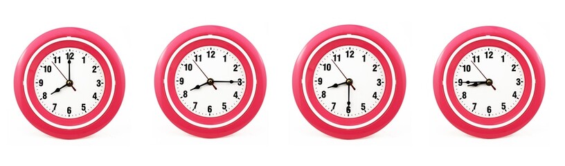 close up of a set of red wall clocks showing the time; 8, 8.15, 8.30 and 8.45 p.m or a.m. Isolated on white background
 - obrazy, fototapety, plakaty