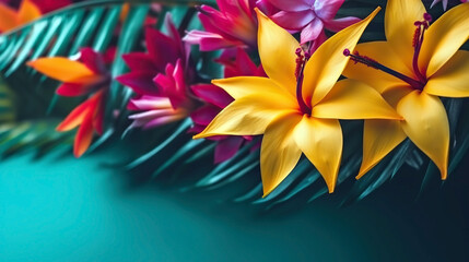 Large tropical flowers on a turquoise background with copy space. Generative AI