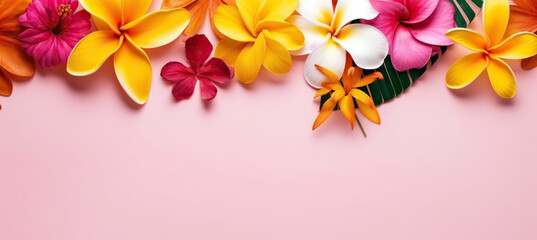 Large tropical flowers on pink background with copy space. Generative AI