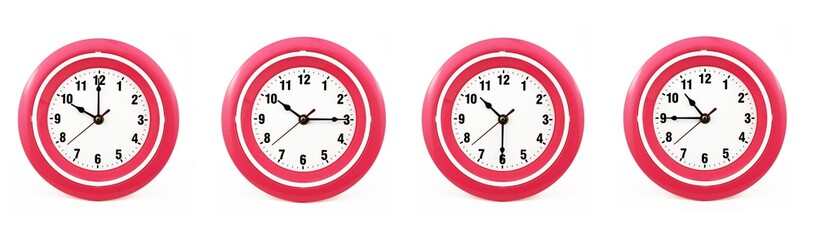close up of a set of red wall clocks showing the time; 10, 10.15, 10.30 and 10.45 p.m or a.m. Isolated on white background
 - obrazy, fototapety, plakaty