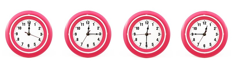 close up of a set of red wall clocks showing the time; 12, 12.15, 12.30 and 12.45 p.m or a.m. Isolated on white background
 - obrazy, fototapety, plakaty