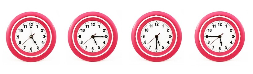close up of a set of red wall clocks showing the time; 5, 5.15, 5.30 and 5.45 p.m or a.m. Isolated on white background
 - obrazy, fototapety, plakaty