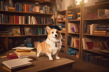 Welsh corgi puppy student with graduation cap , book shelves on the background. Created using generative AI tools.