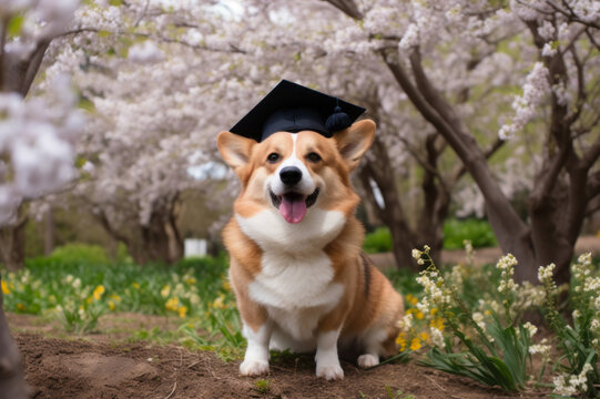 Welsh corgi puppy student with graduation cap , blooming trees on the background