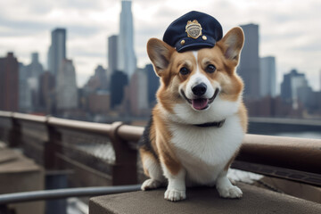 Corgi dog on duty guard the city. Generated ai