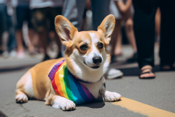 Funny cute corgi puppy with  LGBT rainbow bandana . Dog Gay Pride portrait. Equal rights for lgbtq community concept. Created using generative AI tools.