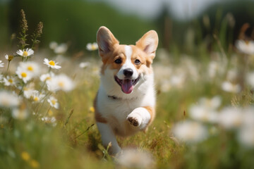 Fluffy corgi Pembroke puppy running in chamomile field. Created using generative AI tools.