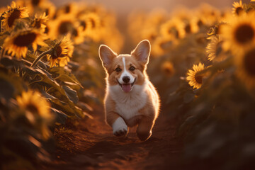 Fluffy corgi Pembroke puppy running in sunflower field. Created using generative AI tools.