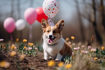 Cute corgi dog with balloons and a party hat. Created using generative AI tools.