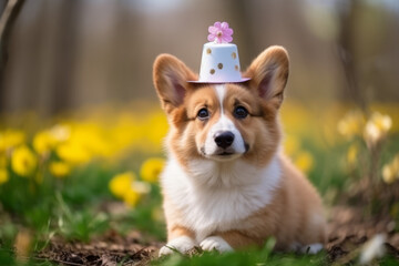 Cute corgi dog with balloons and a party hat. Created using generative AI tools.